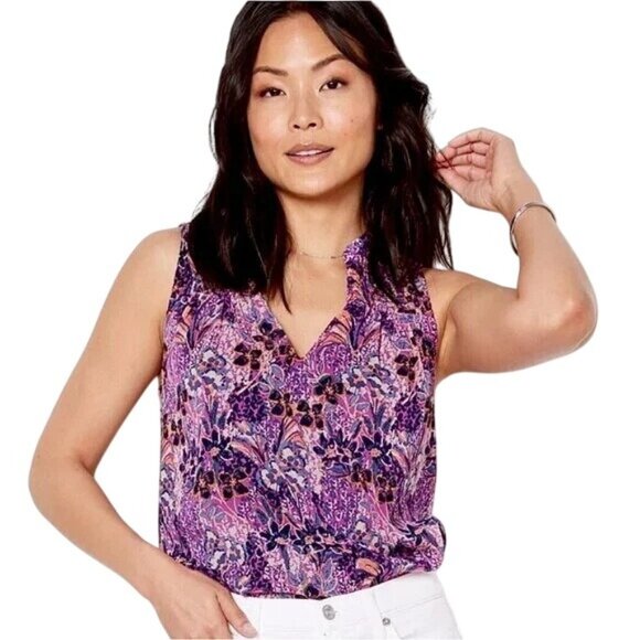 Evereve Blouse Size XS Floral V Neck Sleeveless Smocked Yoke Purple Boho Chic - Picture 1 of 8